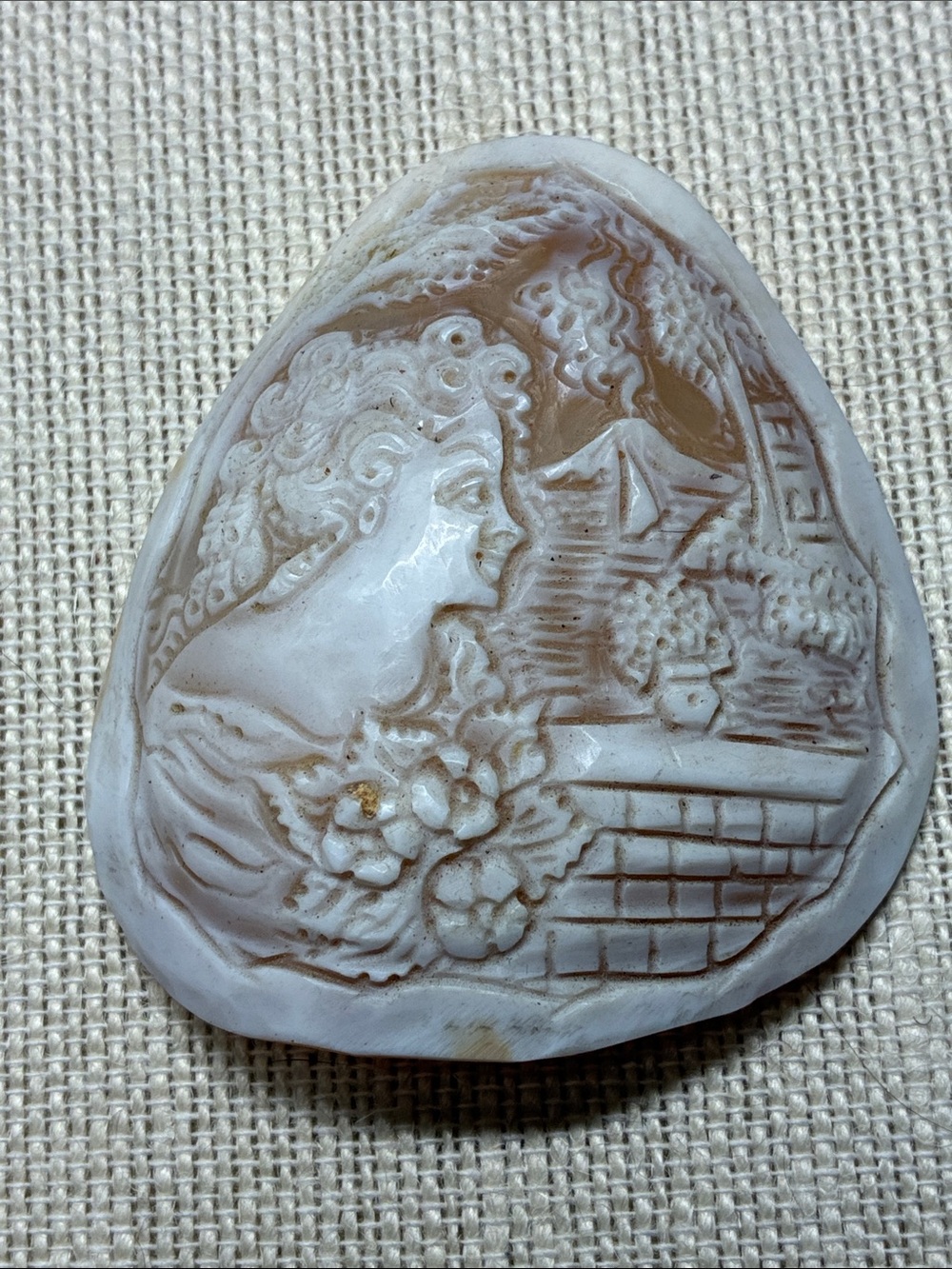 Vintage Hand Carved Shell Cameo — Woman Profile in Scenic Relief unmounted